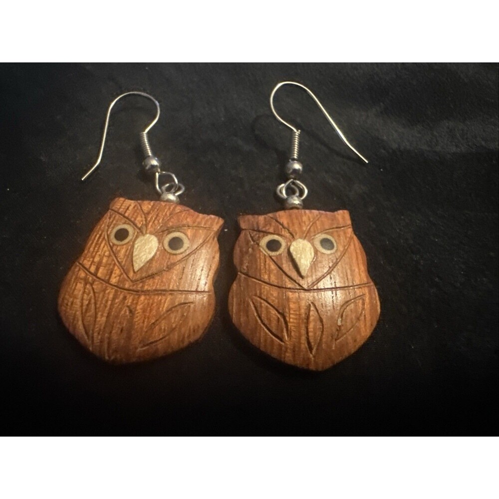 Carved Wood Owl Pierced Earrings